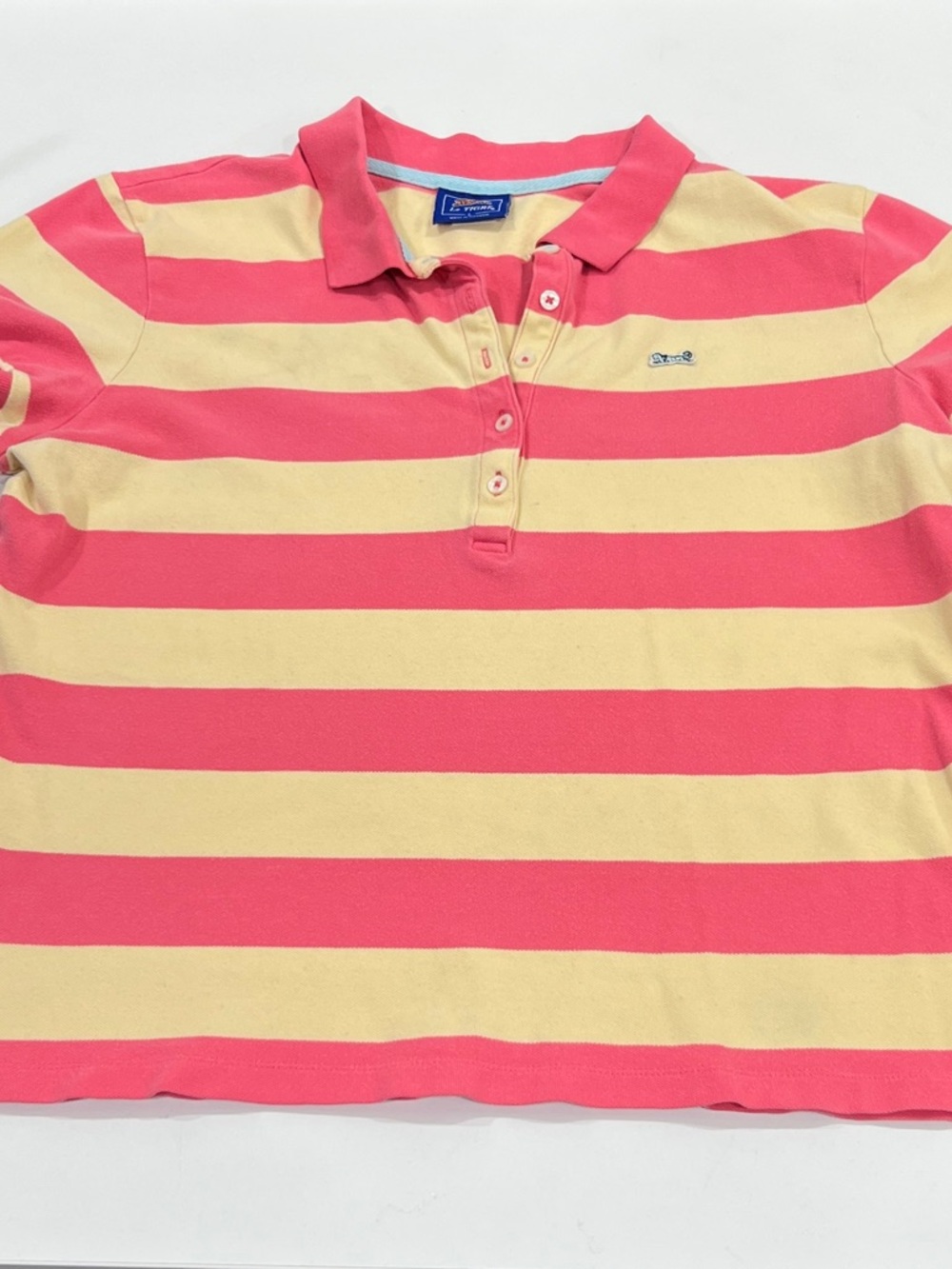 Vintage Le Tigre Women’s Pink & Yellow Striped Polo Shirt, size L